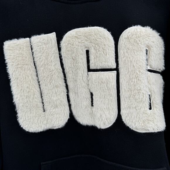 UGG Women's Rey Fuzzy Hoodie Sz L Black Spell Out Logo Fleece Lined Soft Lounge - Picture 2 of 10